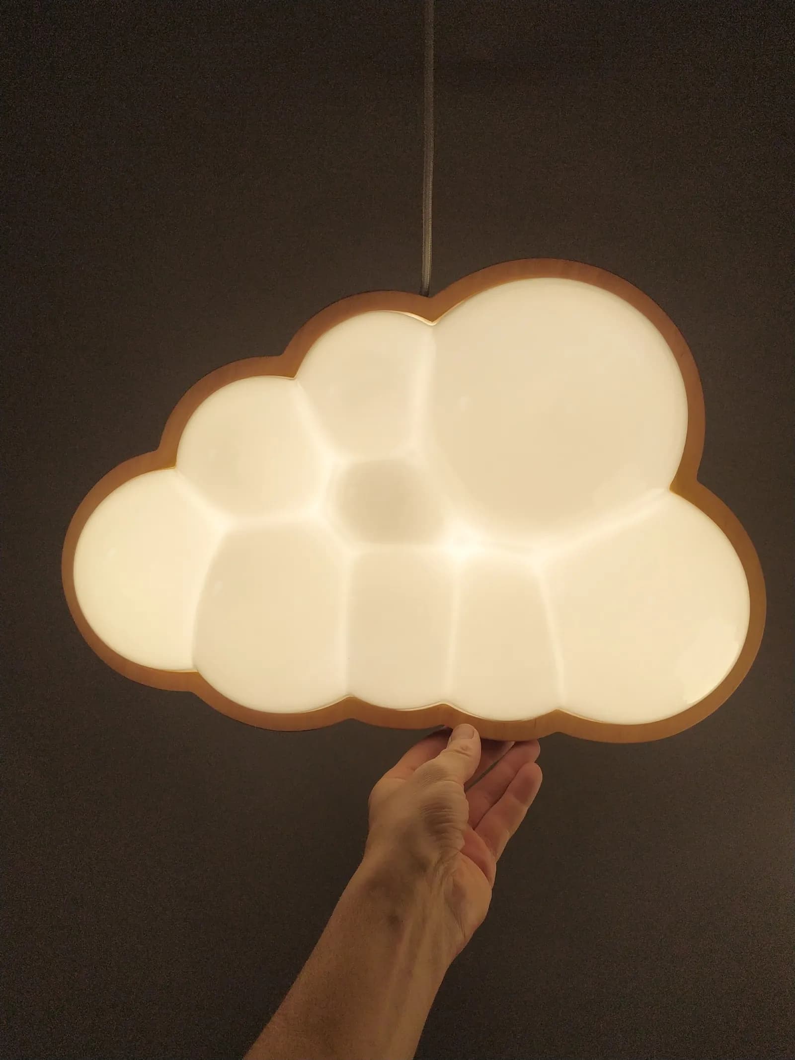 Photo: the handmade cloud lamp prototype, lit