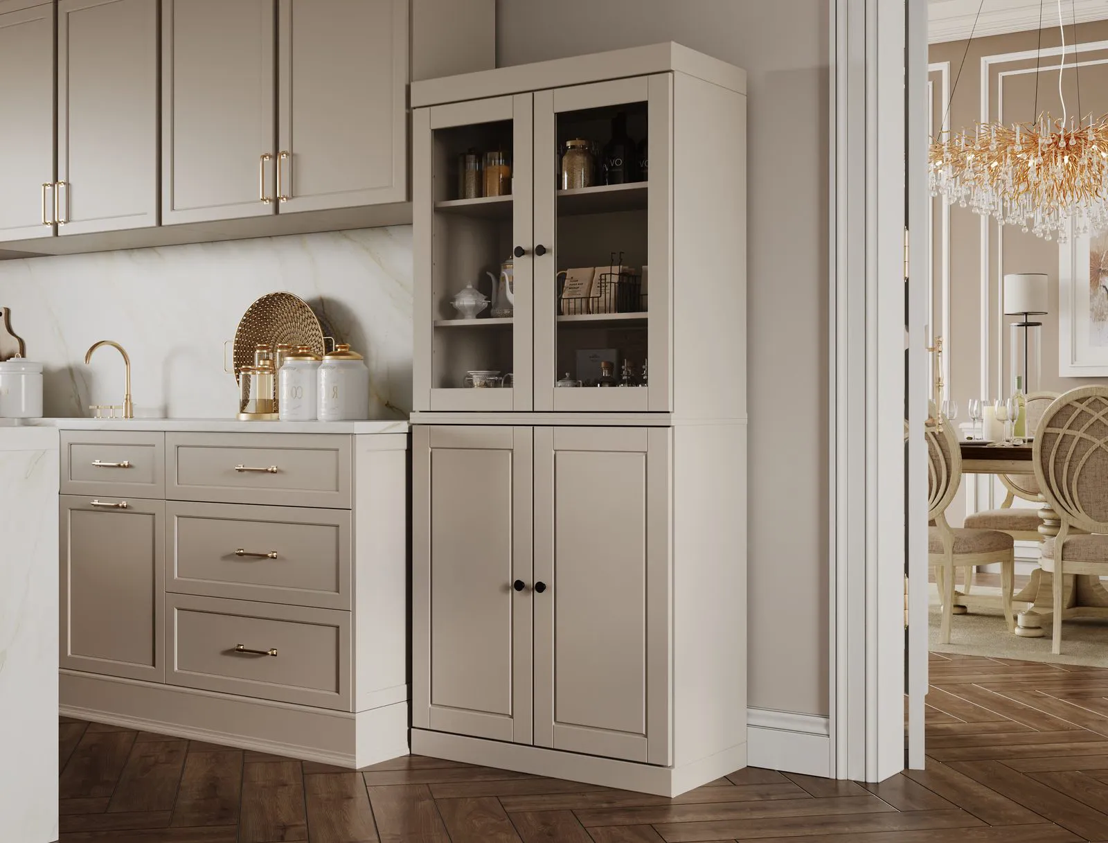 CGI of a beige glass-front kitchen cabinet with a dining room behind — Kitchen & Cabinet CGI System