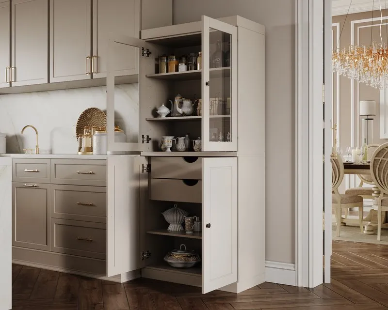 CGI: the same cabinet with doors open, showing shelves, drawers and interior