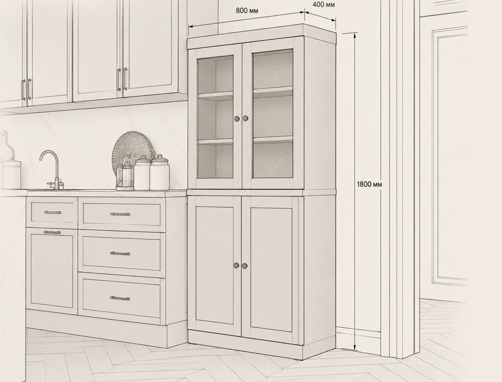 CGI sketch of a modern kitchen interior, close-up on a beige glass-front kitchen cabinet